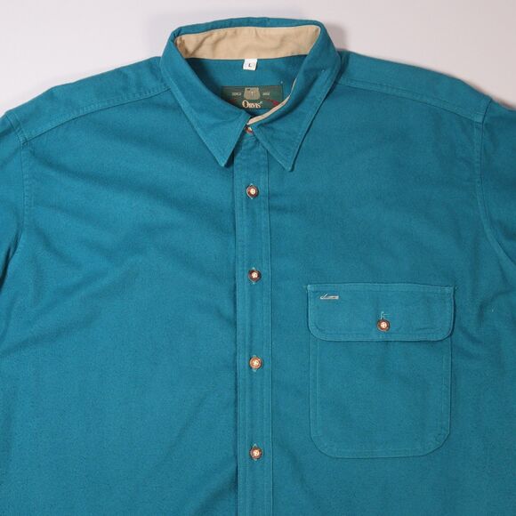 Vintage Orvis Chamois Shirt Flannel Elbow Patch Blue Made in USA Mens Large - Picture 1 of 9